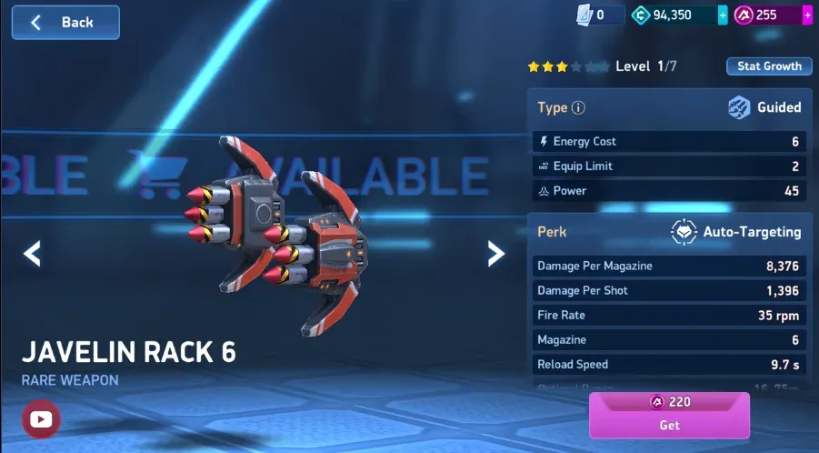 The three-star Javelin Rack 6 shown here costs 220 A-Coins, uses six energy and is a Guided weapon.