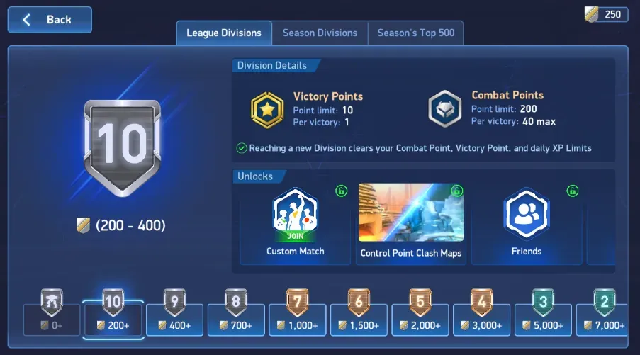 Division 10 begins at 200 Ranking Points. This screen also shows its Combat and Victory Point limits.