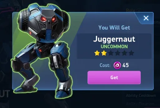 This purchase screen shows a two-star Juggernaut costing 45 A-Coins.