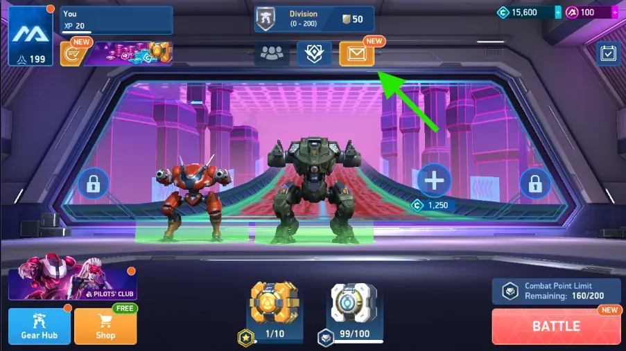 Select the envelope icon above your Mechs to open the Inbox and find the promo-code menu.