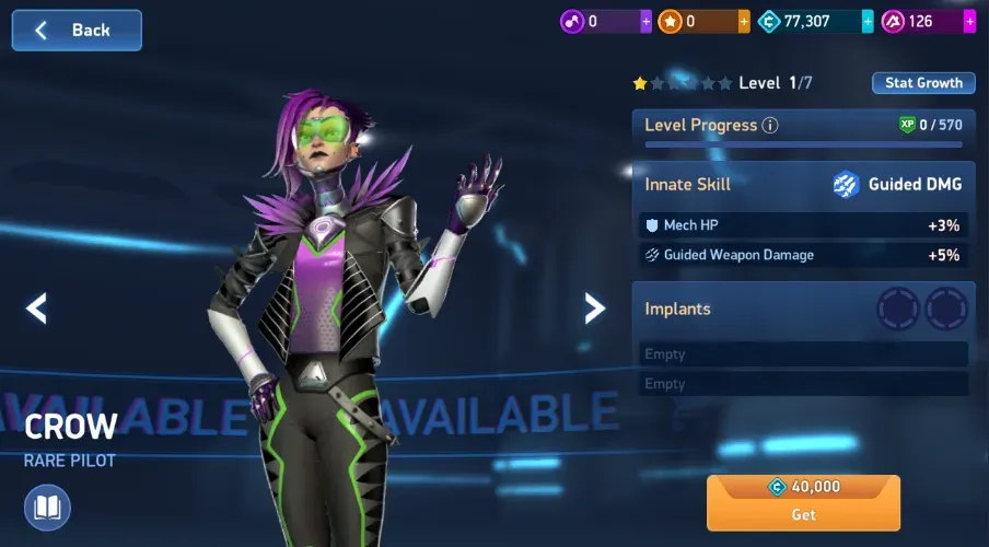 Crow costs 40,000 Credits here and shows +5% Guided Weapon Damage and +3% Mech HP.