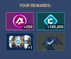 The rewards screen shows 200 A-Coins, 100,000 Credits, a crate and the starter Mech.