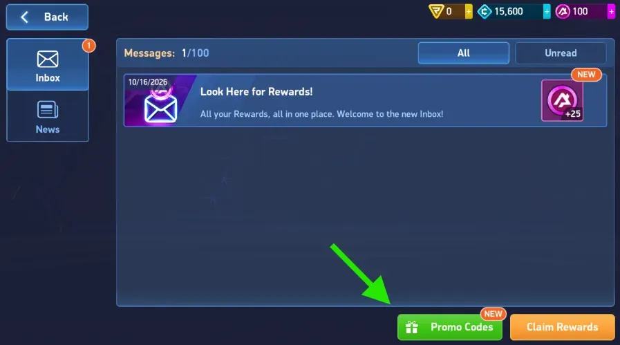The green Promo Codes button is at the bottom of the Inbox in this interface.