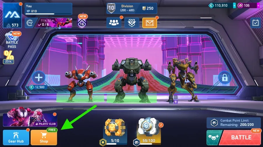 The highlighted Shop button in the Hangar leads to the resource offers.