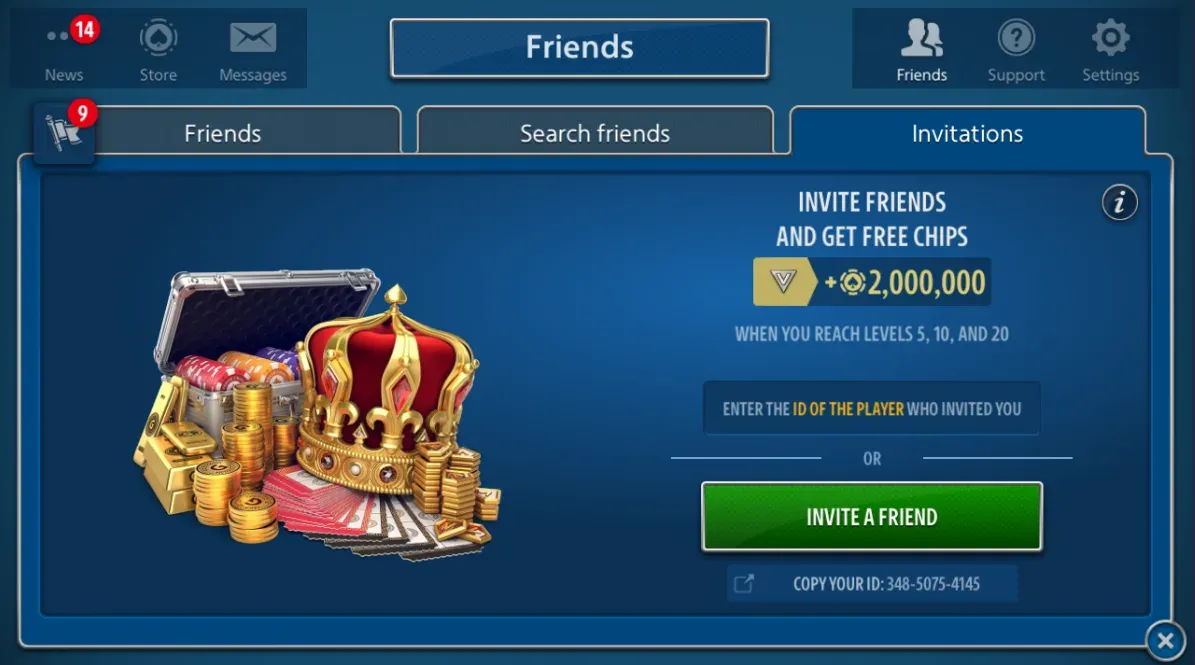 Pokerist Friends Invitations screen showing a 2000000 chip offer and levels 5 10 and 20