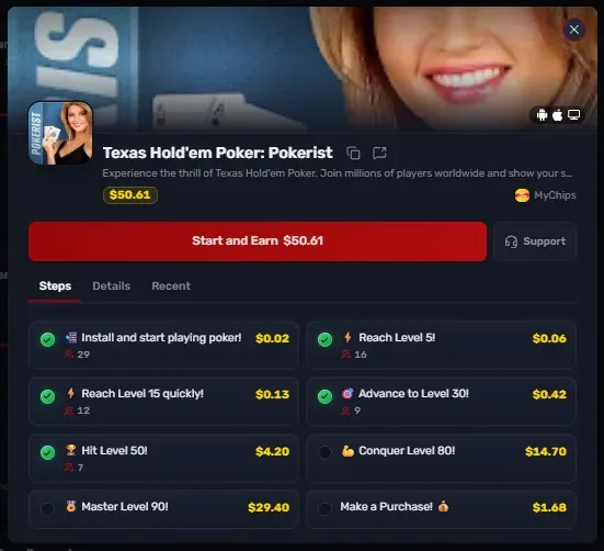 EarnX Pokerist offer showing rewards and completed milestones through Level 50