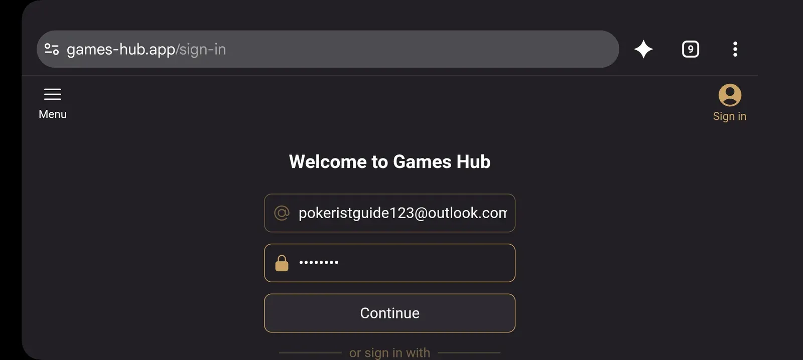 Games Hub sign-in page with an email field masked password and Continue button