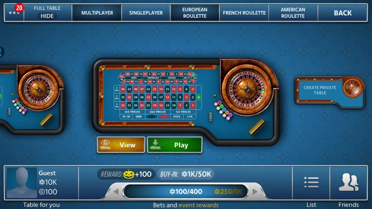 Pokerist roulette lobby showing table types betting limits and Play button